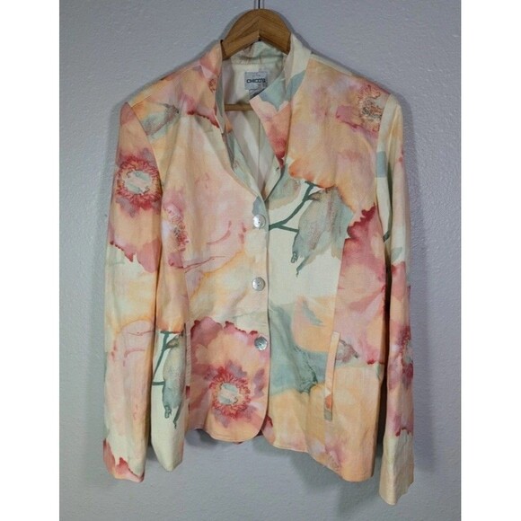 chicos Tops - Chicos Jacket Women Sz 1 M Pastel Watercolor Floral Linen Rayon Blend Blazer Mb